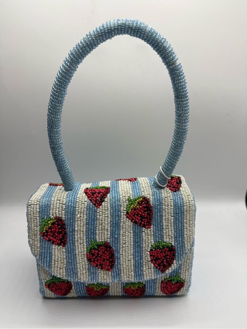 Sol & Mer Beaded Strawberry Handbag Blue White Striped Mini Purse